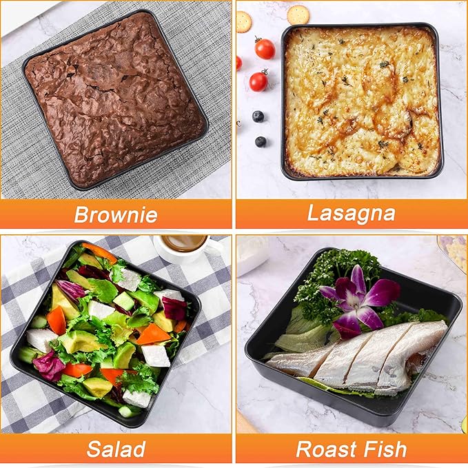 Herogo 9 x 9 Baking Pan Set of 2, Black Stainless Steel Square Cake Pan for Lasagna Brownies Casseroles Cakes, Non-Stick & Oven Safe