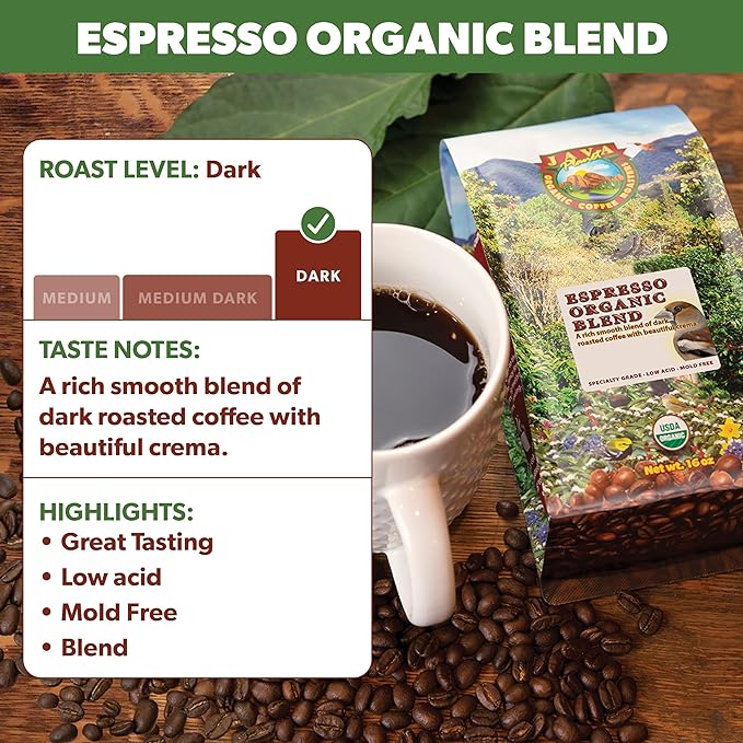 Low Acid Organic Coffee – Whole Bean, Mold-Free & Stomach Friendly by Java Planet, Espresso Blend Coffee, Dark Roast, Smooth Full Flavored, 1LB Bag
