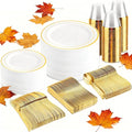 bUCLA 300PCS Gold Disposable Dinnerware Set - White and Gold Plastic Plates - Include 50 Each (Dinner&Dessert) Plates,50 Knives,50 Forks,50 Spoons,50 Cups for Party & Thanksgiving Table Decor