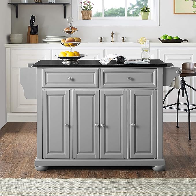 Crosley Furniture Alexandria Granite Top Rolling Kitchen Island Storage Cart, Microwave Stand, Spice Rack, Gray