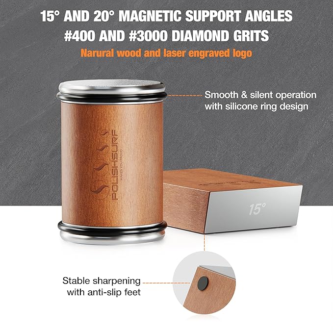 Rolling Knife Sharpener Kit for Kitchen – Chef Knife Sharpening Tool with 15° & 20° Magnetic Angle, Wooden Roller Base, Diamond Discs – Easy Manual Sharpener System