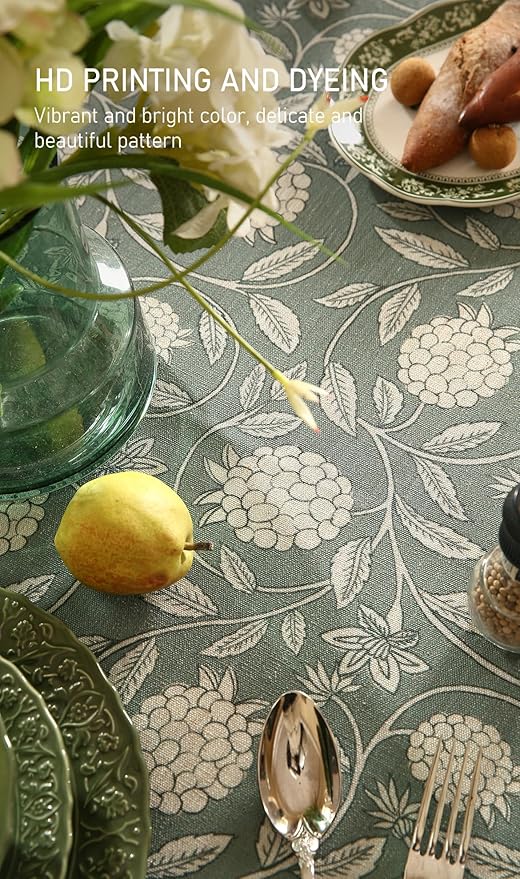 ISAENNE Designer Grayish Green Linen Long Rectangle Tablecloth,Floral Stain Resistant Table Cloth,Fall Vintage Decor Tablecloths for Dining Thanksgiving Kitchen Party,63"*102"-Andrew A