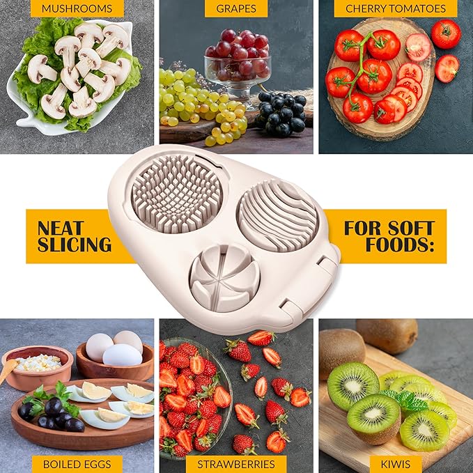 CraftyCrocodile Egg Slicer for Hard Boiled Eggs - 3 Slice Modes Egg Cutter, Heavy Duty, Stainless Steel Dicer - Kitchen Chopper Tool for Strawberry, Mushroom, Grape, Cherry Tomato - Light Beige