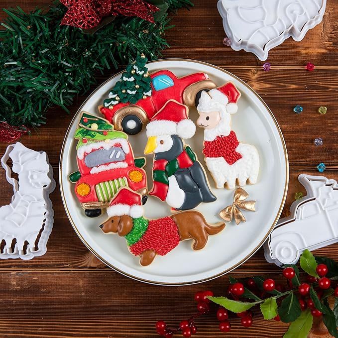 Flycalf Christmas Cookie Cutters Dachshund Shapes with 3D Stamper Fall Holiday PLA Baking Accessories Cutter Molds Gifts for Kids Decorative Party 3.5" Kitchen Cake Supplies