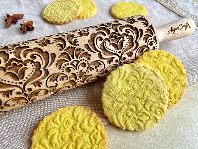 DAMASK Rolling Pin. Embossed cookies with flowers DAMASK PATTERN. Wooden embossing rolling pin with ORIENTAL FLOWERS for Homemade Cookies and Pottery by Algis Crafts