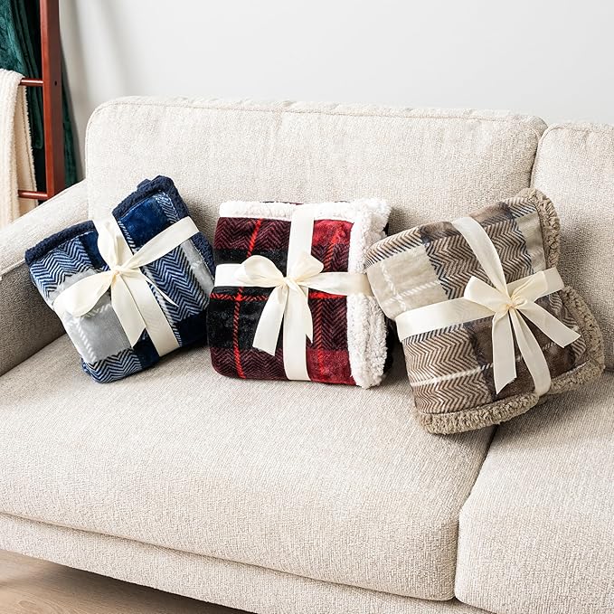 Pavilia Blue Navy Plaid Sherpa Throw Blanket for Couch, Plush Flannel Fleece, Soft Fuzzy Cabin for Sofa Bed, Warm Cozy Winter Gift, 50x60