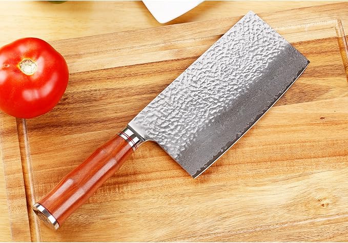 SUNLONG Meat Cleavers 7 inch Damascus Vegetable Cleaver Japanese Hammered Damascus Steel Bloodwood Handle