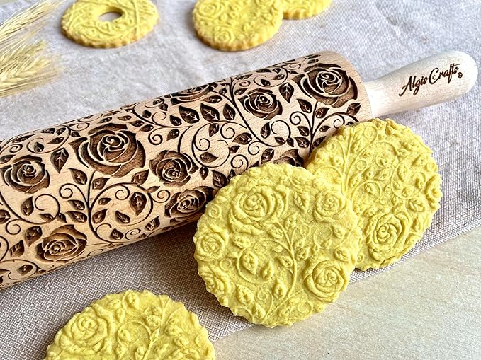 Rolling pin Damascus Roses Wooden embossing rolling pin with Rose Dough roller for embossed cookies Gift for Mom friend Cookies decoration