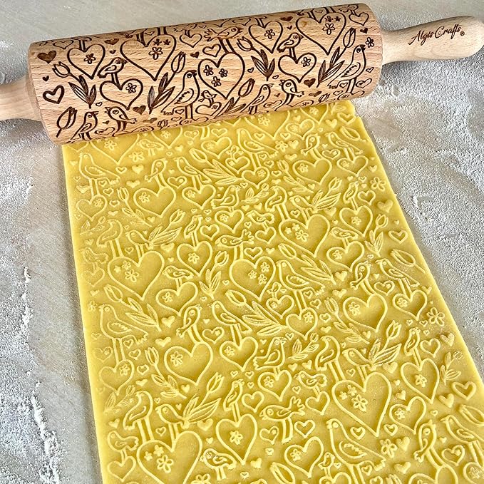 LOVE BIRDS Embossing Rolling Pin – Laser Engraved Dough Roller with hearts and birds pattern. Great for cookies, clay crafts, and a charming gift. By Algis Crafts