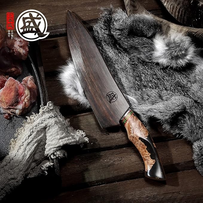 MITSUMOTO SAKARI 8 Inch Gyuto Chef Knife - Professional Japanese Kitchen Knives, Hand Forged 67-Layer 440C Damascus Steel, MapleWood Handle & Sandalwood Box