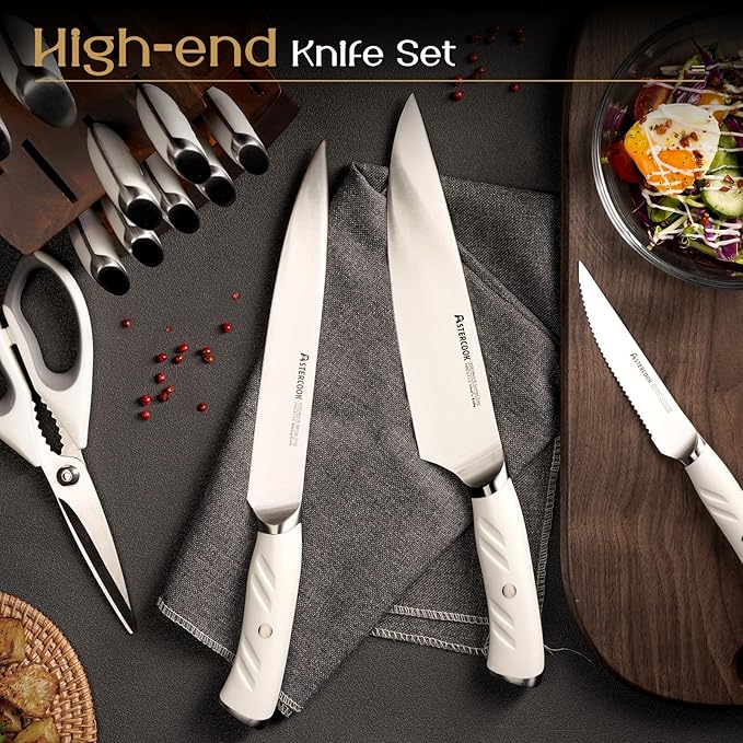 Astercook Knife Set Kitchen with Block and Dual Sharpener Full Tang 15 Pcs German Stainless Steel Knives Dishwasher Safe Kitchen Utensils Set with Anti-slip Ergonomic Handle, Elegant White