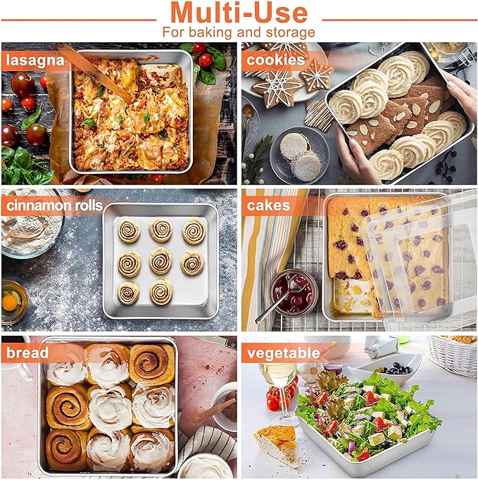 Herogo 9 x 9 x 2 Inch Baking Pan Set of 2 for Oven, Stainless Steel Square Cake Pan for Lasagna Brownies Casseroles Cakes, Dishwasher Safe & Durable