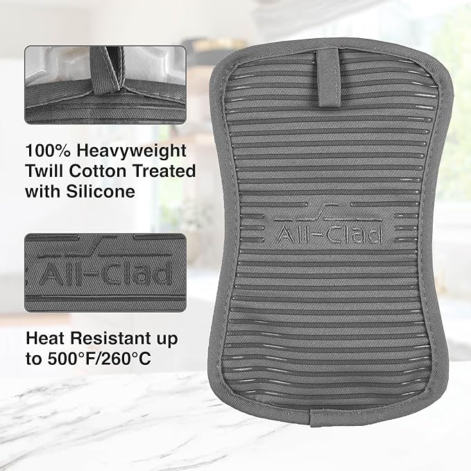 All-Clad Premium Pot Holder & Heating Pad, (2-Pack) Heat Resistant to 500 Degrees, 100% Cotton 10"x6.25" for Kitchen and Barbeque, Pewter