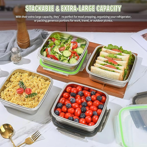 4 Pack Sandwich Containers, 40oz Stainless Steel Sandwich Box with Airtight Lids, Reusable Metal Meal Prep Lunch Boxes, BPA-Free, Dishwasher Safe, Large Capacity Food Storage Containers (Black)