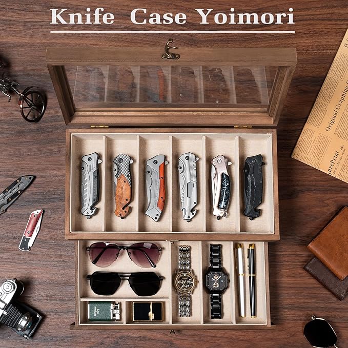 Knife Display Case, 2-Layer Pocket Knife Case Display & Storage Knives, Solid Wood Knife Case for Collections, Gift for Boyfriend Fathers Day Birthday Gifts((Walnut)