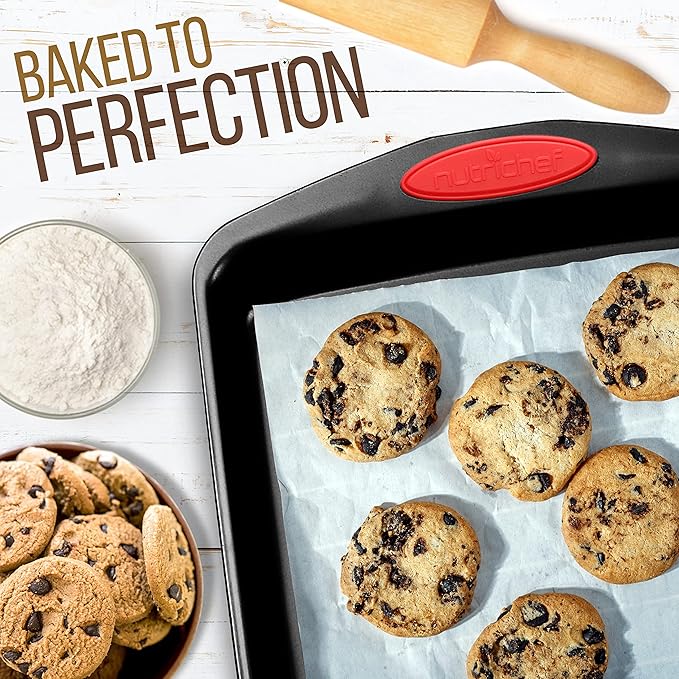 NutriChef 15-Piece Baking Pan Set - Flexible Nonstick Coating Carbon Steel Bakeware - Professional Home Kitchen Bakeware with Stackable Cookie Sheet Trays and Red Silicone Handles (Black)