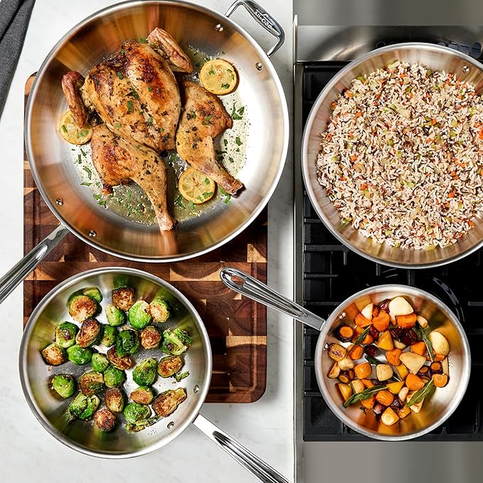 All-Clad D3 3-Ply Stainless Steel Fry Pan with Lid 10 Inch, Induction Compatible, Oven Broiler Safe 600F, Fast and Even Heat, Pots and Pans, Cooking Skillet Cookware, Stainless Steel