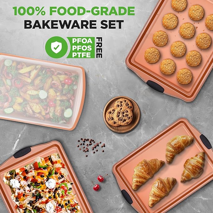 NutriChef 5‑Piece Non‑Stick Bakeware Set – Premium Carbon Steel Baking Pans Set with Silicone Handles, Stackable Oven Pan Set for Cookies, Sheet Cakes, & Roasting