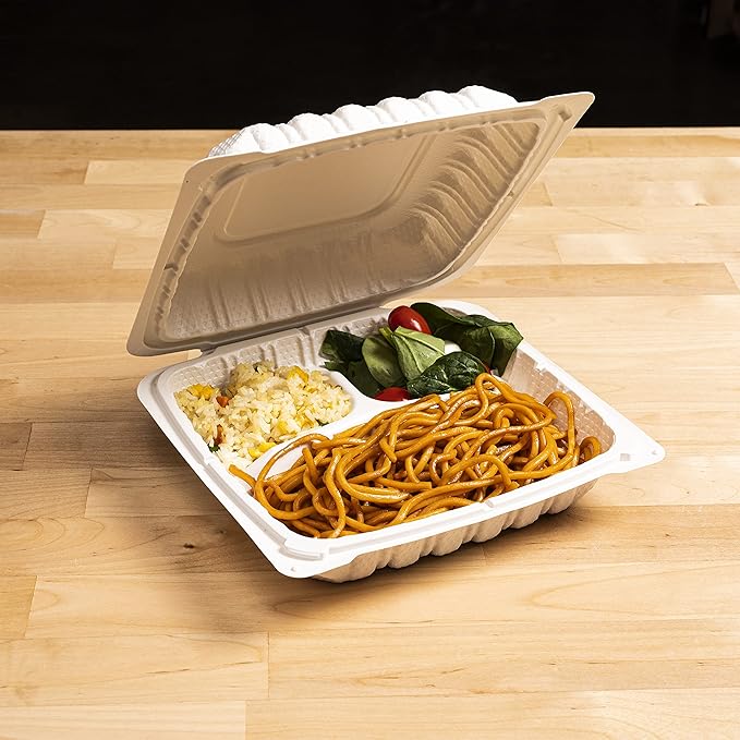 TIYA Clamshell Food Containers - 3-Compartment To-Go Containers - Microwavable Plastic with Hinged Lid - Great for Meal Prep (Bulk 150 Pack, White, 9x9 in) - BPA-Free