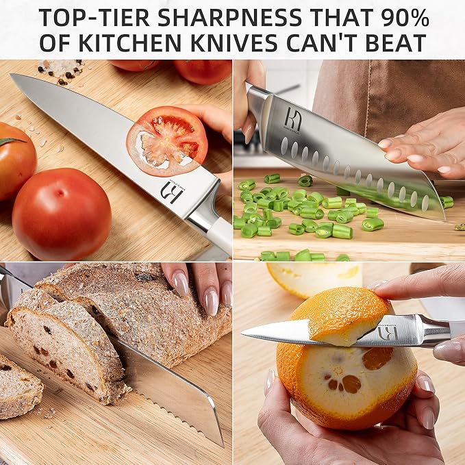 Knife Set Premium, Japanese 15 Pcs High Carbon Stainless Steel Kitchen Knife Block Set with Sharpener, Razor Sharp Knives Set for Kitchen with Natural Wood Block, Long-Lasting Edge