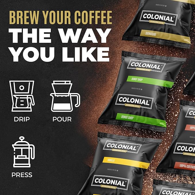 Colonial Coffee 100 Count Single Pot Coffee Packets – 100% Arabica Dark Roast | Pre-Measured Frac Packs for 12 Cup Maker | Bulk Ground Gourmet Coffee for Home & Office