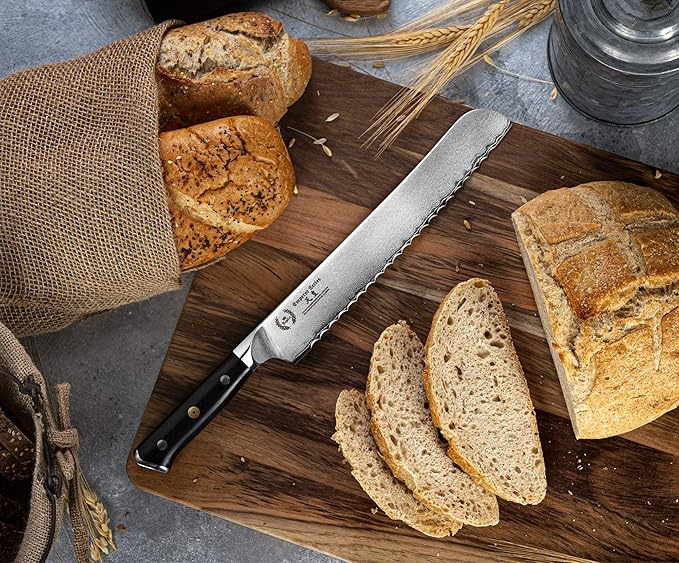 Regalia Bread Knife 10 inch: Professional Serrated Japanese AUS-10 67-Layer Damascus steel ultra sharp blade w/G-10 Ergonomic handle