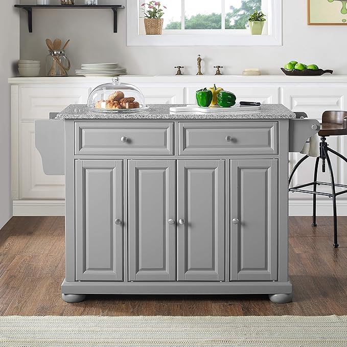 Crosley Furniture Alexandria Granite Top Rolling Kitchen Island Storage Cart, Microwave Stand, Spice Rack, Gray