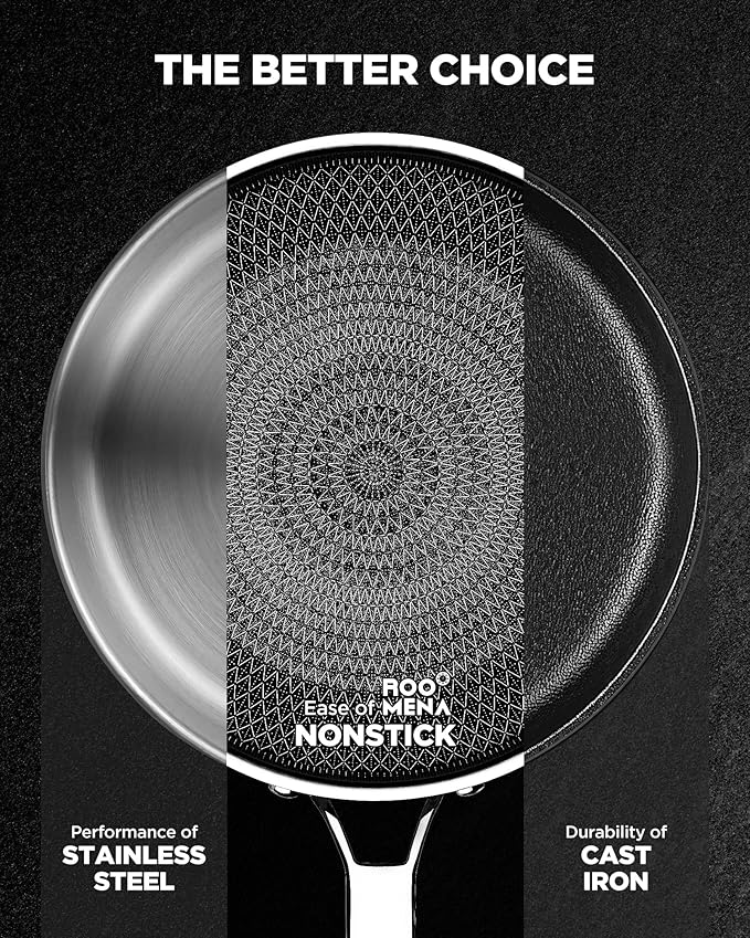 Non Stick Frying Pans Hybrid Ceramic, 12 Inch Tri-Ply Stainless Steel Skillet, Non-Toxic, PFAS/PFOA/PTFE Free, Metal Utensil Safe, Dishwasher & Oven Safe, Induction Compatible