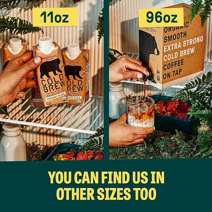 Wandering Bear Extra Strong Organic Cold Brew Coffee, Straight Black, 32 fl oz, 1 pack - Smooth, Organic, Unsweetened, Shelf-Stable, and Ready to Drink Cold Brew