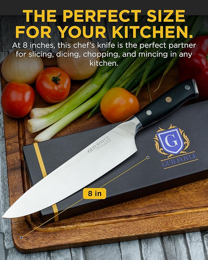 Guilfoyle Chef Knife 8 Inch – Stainless Steel Kitchen Knife with Ergonomic Handle & Full Tang – Cooking Gifts for Home Chefs – Gift Box Included