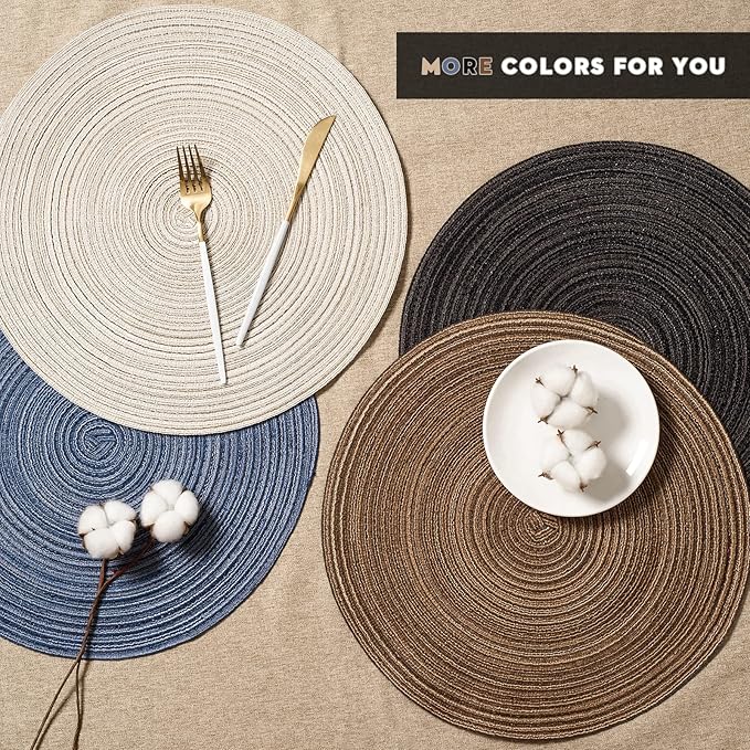 FunWheat Round Braided Placemats Set of 6 Place mats for Dining Tables Woven Heat Resistant Table Mats 15 inch for Fall(Brown)
