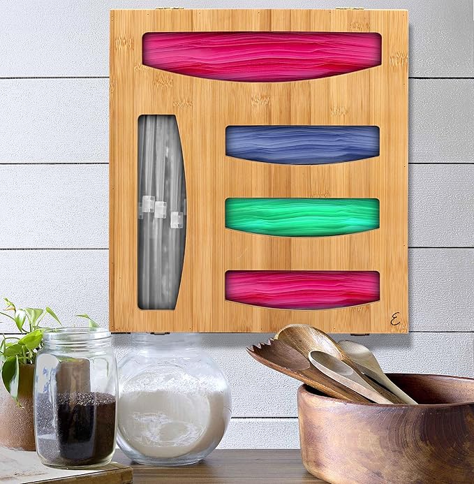 Emeril Lagasse Bamboo Bag Storage Organizer – 5-Compartment Food Storage Bag Holder for Kitchen Drawers & Countertops – Durable Bamboo, Universal Fit for Slider & Zipper Bags
