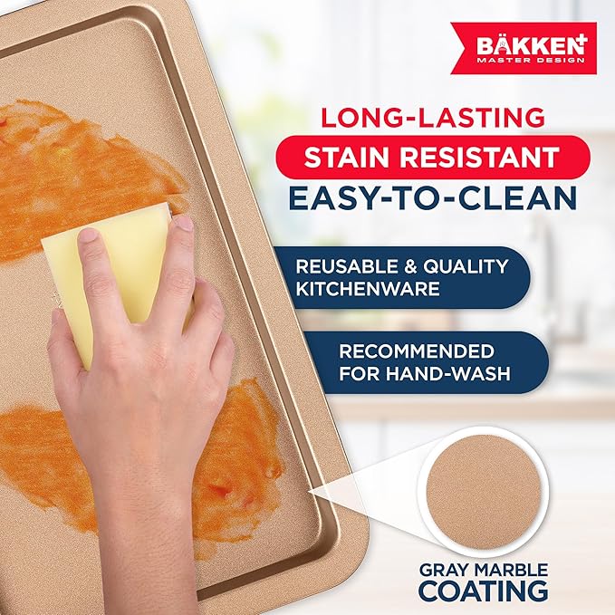 BAKKEN 3-Piece Kitchen Baking Pans - Small, Medium, and Large Cookie Pan, With Nonstick Coating, Stackable and Space-saving Design, PFOA, PFOS, PTFE Free, Oven Safe Tray (Up To 450°F), Brown