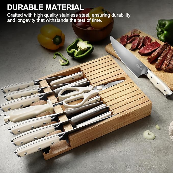 In-drawer Knife Block Set, 16PCS Kitchen Knife Set with Wooden Block, Chopping Knives Set, Stainless Steel Knife Block Set, Sharp Cooking Knife Set with Cutting Board, Rust Proof, White