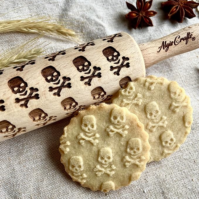 HALLOWEEN 3 Mini Embossed Rolling Pin Set. Wooden Laser Engraved Textured rolling pins for Cookies, Modeline, Ceramic with Skulls, Bats, Halloween by Algis Crafts