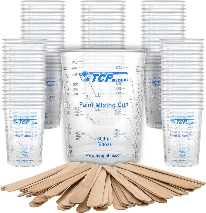 TCP Global 20 oz. (600ml) Graduated Plastic Mixing Cups - Box of 100 with 50 Mixing Sticks - Disposable Plastic Measuring Cups for Liquids, Paints, Resin, Epoxy, Art, Kitchen - Ratios 2-1, 3-1, 4-1 ML