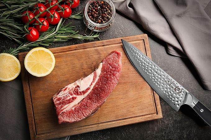 Chef Knife: Best Professional Quality 8 Inch Japanese AUS10 67-Layer High Carbon Damascus Stainless Super Steel Gyuto- Razor Sharp Full Tang Blade w/Hammered Finish & Ergonomic G10 Handle