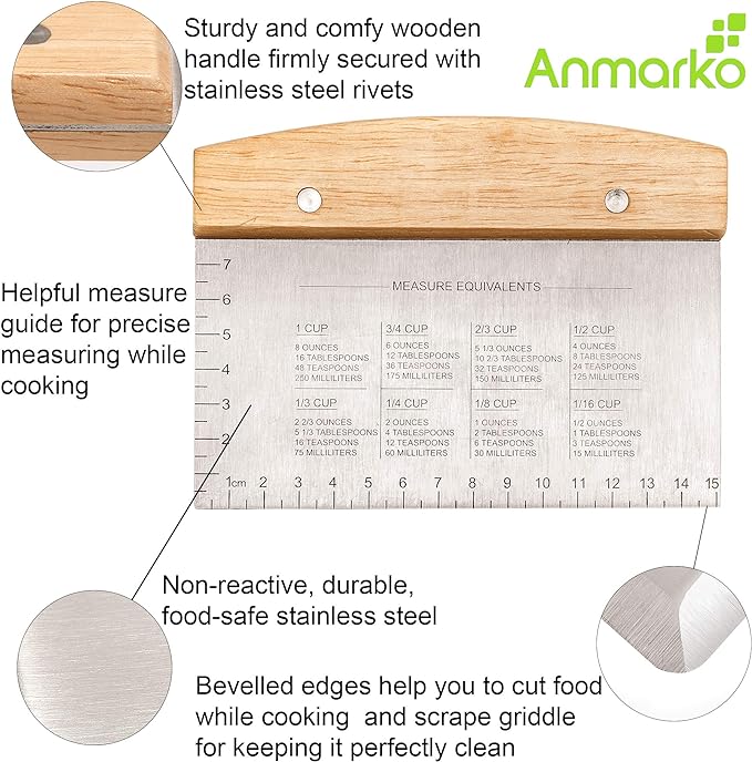 Dough Cutter for Bread and Pizza Dough - Stainless Steel Metal Griddle Scraper Chopper - Multipurpose Bench Scraper Kitchen Utensil for Flat Top Griddle - Commercial Quality