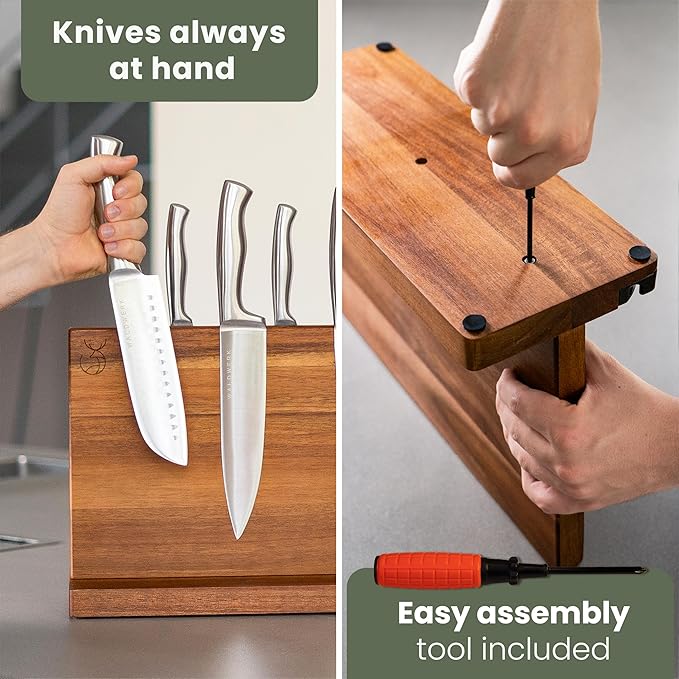 WALDWERK Extra Large Magnetic Knife Holder (16”) - Acacia Wood Knife Block Without Knives - Knife Holder - Magnetic Knife Block - Knife Storage - Knife Magnet Organizer for Countertop