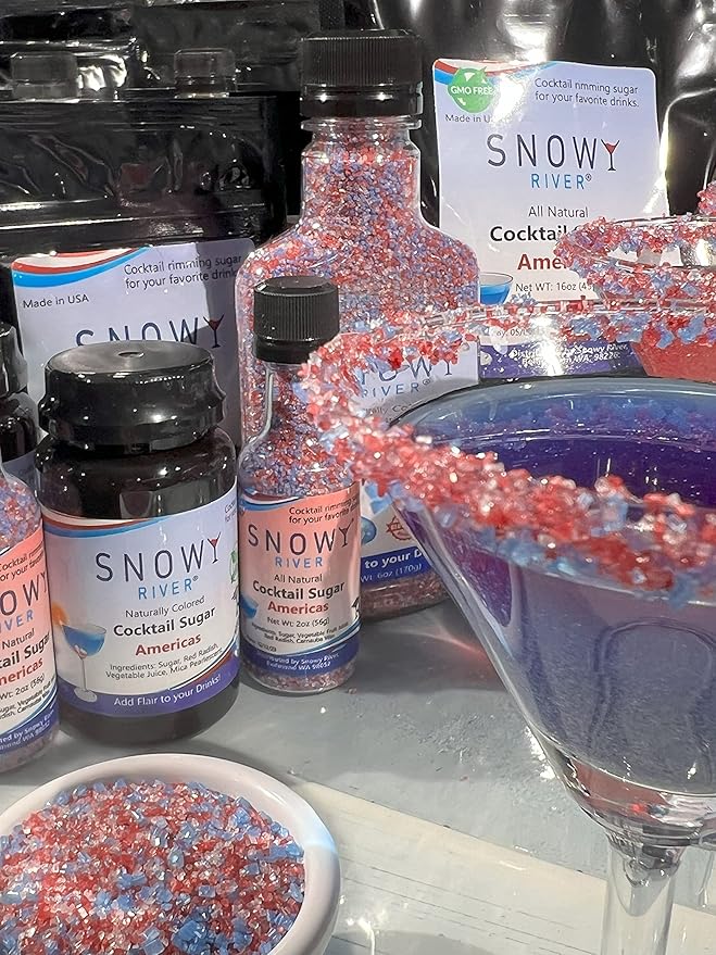 Snowy River Americas Cocktail Sugar - Naturally Colored 4th July Red, White & Blue Sugar for Cocktail Rimming, Baking & Decorating, Medium Crystal (Americas, 3oz Gift Bottle)