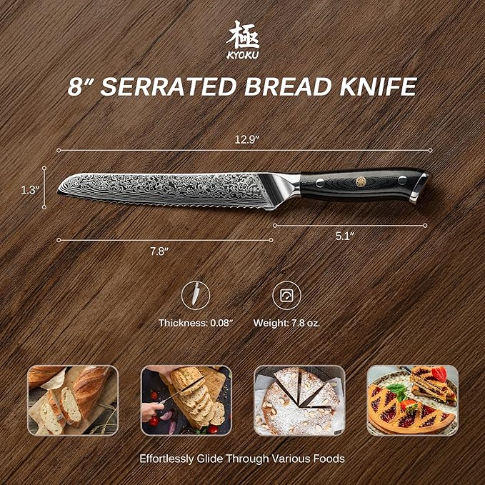 KYOKU Serrated Bread Knife - 8" - Shogun Series - Japanese VG10 Steel Core Damascus Blade - with Sheath & Case