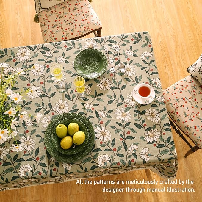 ISAENNE Designer Green Linen Square Table Cloth,Floral French Country Indoor Tablecloth,Stain Resistant Home Decor Tablecloths for Dining Kitchen Thanksgiving Christmas Party,67"*67"-Brune