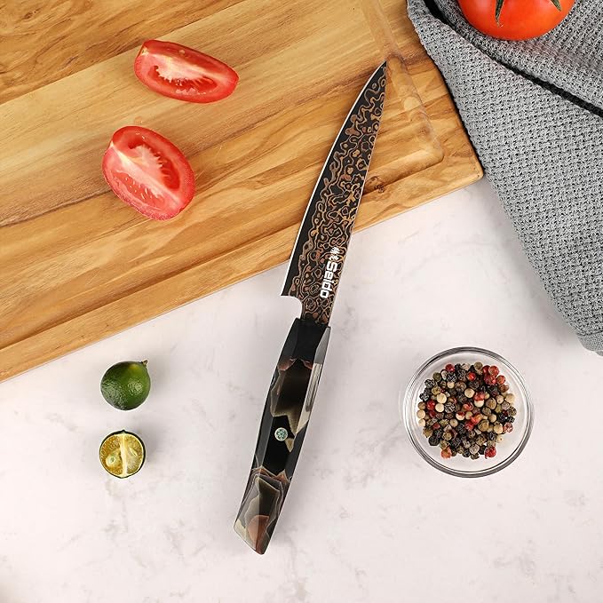 Seido Knives Kurogane 5" Petty Knife – Hand-Forged Japanese Utility Knife with VG-10 Core & 37-Layer Damascus Steel, G10 Copper Handle