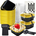 50 Pcs Mini Square Baking Cups with Lids and Spoons Aluminum Foil Mini Cake Pans with Lids Disposable Ramekins Cake Pans Dessert Cups for Wedding Birthday Party(Black Gold,5oz)