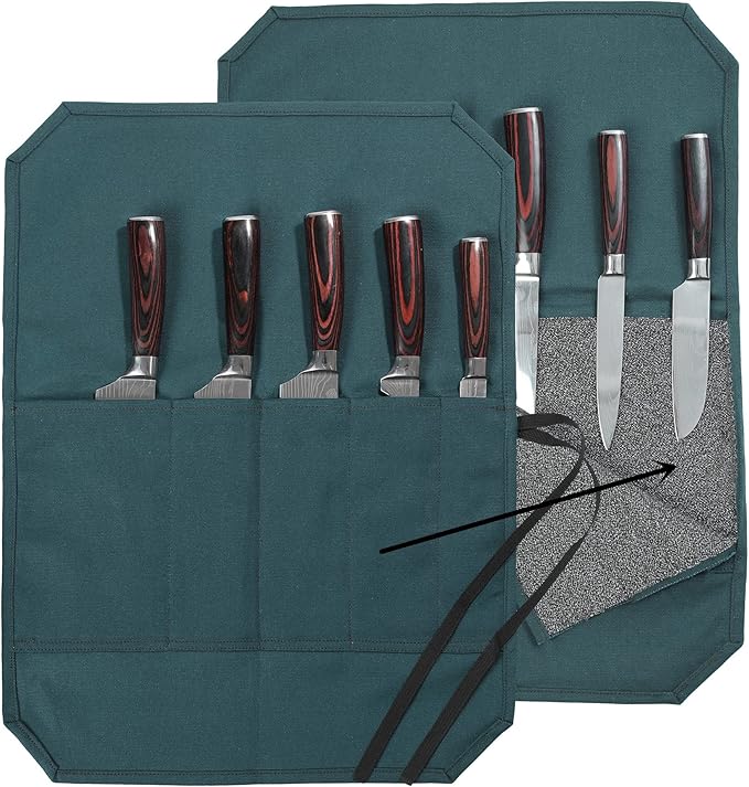 Chef's Knife Roll Bag, Heavy Duty Waxed Canvas With Cut-Resistant Lining Knife Bag (5 Slots, DarkGreen)