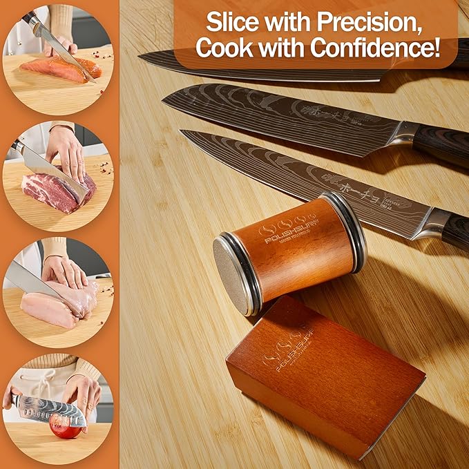 Rolling Knife Sharpener Kit for Kitchen – Chef Knife Sharpening Tool with 15° & 20° Magnetic Angle, Wooden Roller Base, Diamond Discs – Easy Manual Sharpener System
