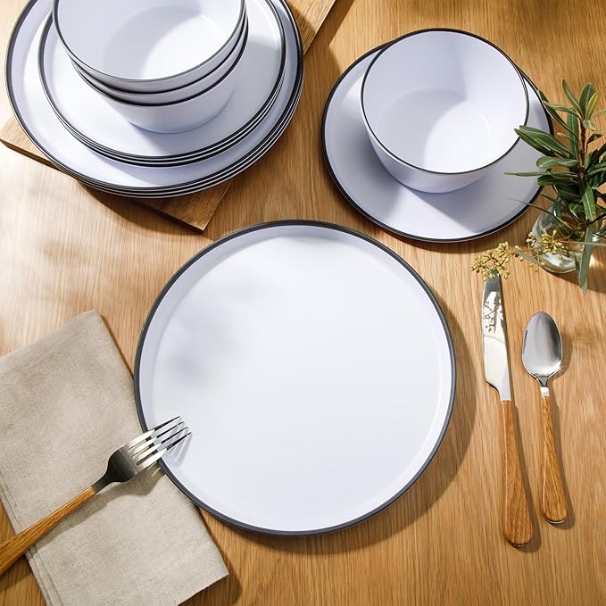 Gibson Home Folsom Shores 12 Piece Unbreakable Modern Melamine Plates and Bowls Dinnerware Set - Outdoor, Camping, & Everyday Use - White W/Black Rim