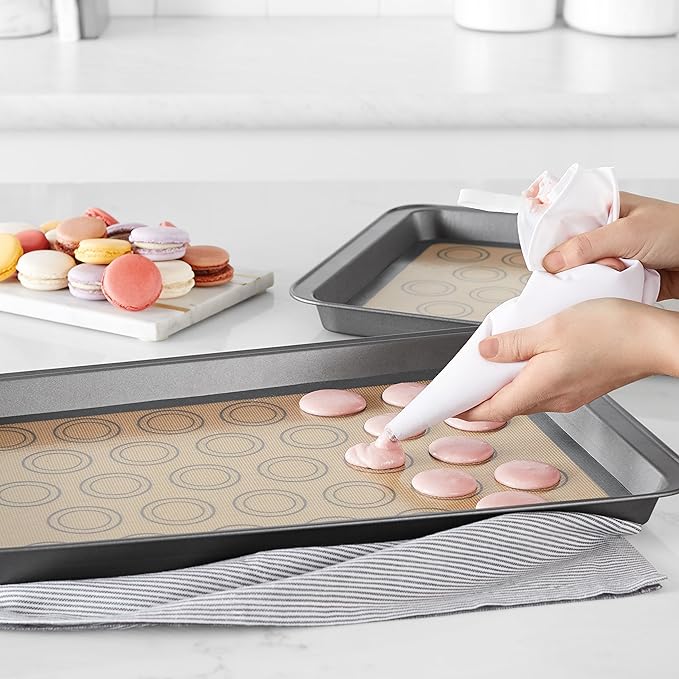 Amazon Basics Silicone Baking Mat for Macarons, Non-Stick, Food Safe, 16.5" x 11.6", Beige/Gray, Pack of 2