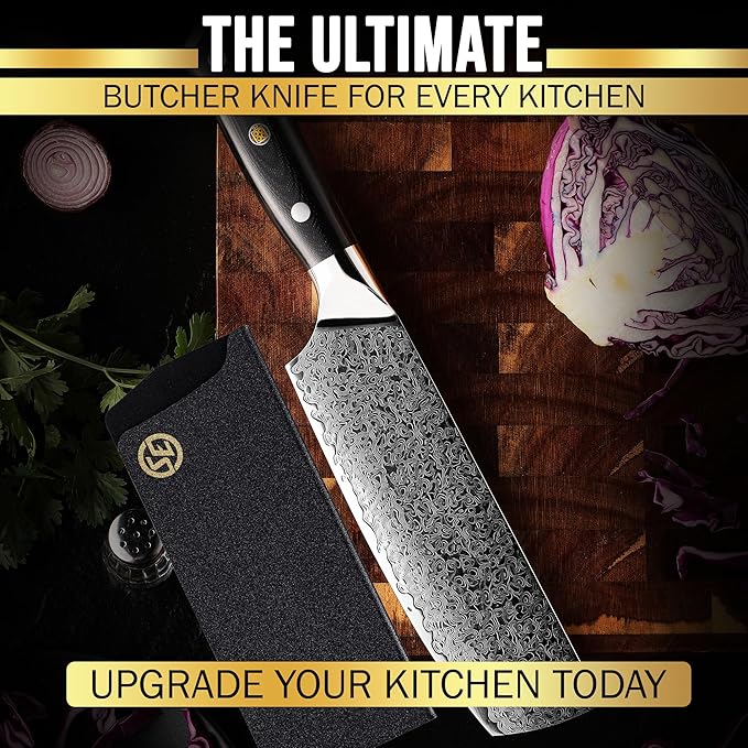 SliceElite Elite Series 7 Inch Nakiri Knife Damascus VG10 Core Forged G10 Handle Polymer Guard Japanese Chef Vegetable Chopping Cleaver Kitchen Knife Sharp Cutting Cooking Tomato Butcher Tool