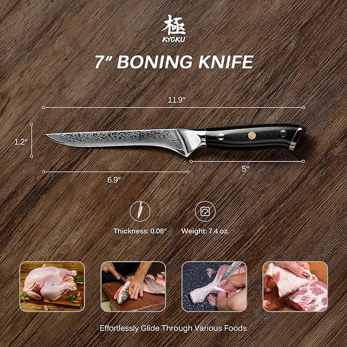 KYOKU Boning Knife - 7" - Shogun Series - Japanese VG10 Steel Core Forged Damascus Blade - with Sheath & Case